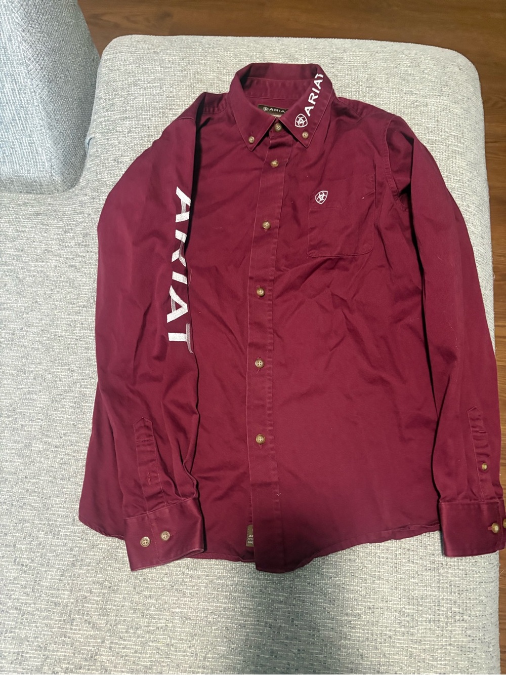 Ariat Shirt Boys L 14-16 Burgundy Button Down LongSleeve Embroidered Logo Wester